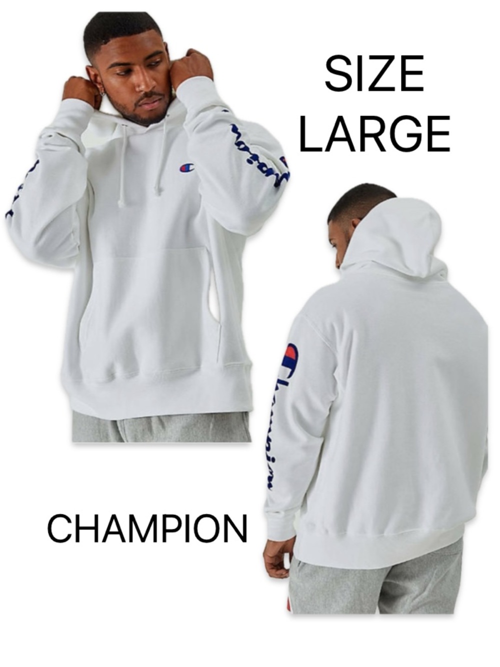 Champion Reverse Weave Gray Hoodie Blue Flock Arm Script Logo Large